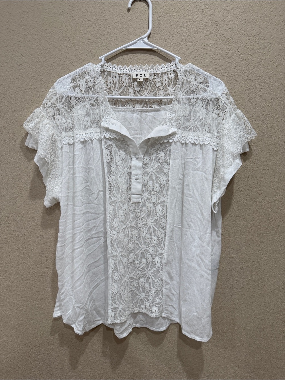 NWOT POL White Lace Front Short Sleeve Blouse